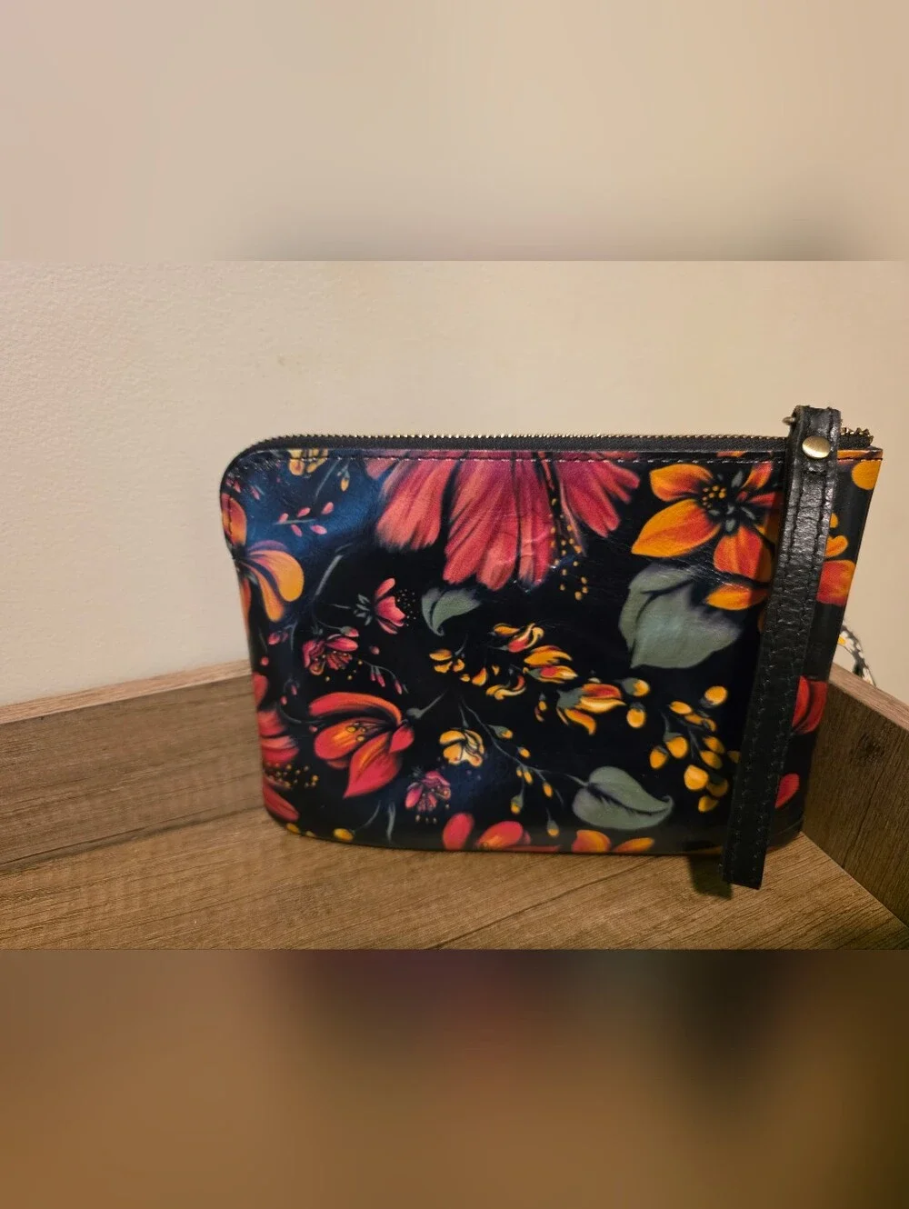 Particia Nash Floral Zip Pouch Clutch in Navy with Pink & Yellow Blooms